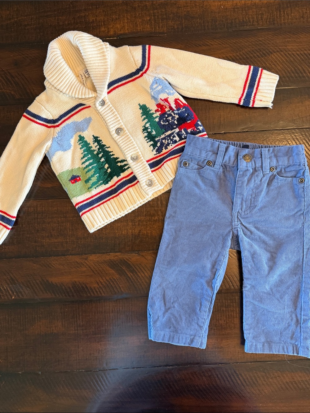 Cream Shawl Collar Knit Cardigan with Scenic Intarsia - Kids